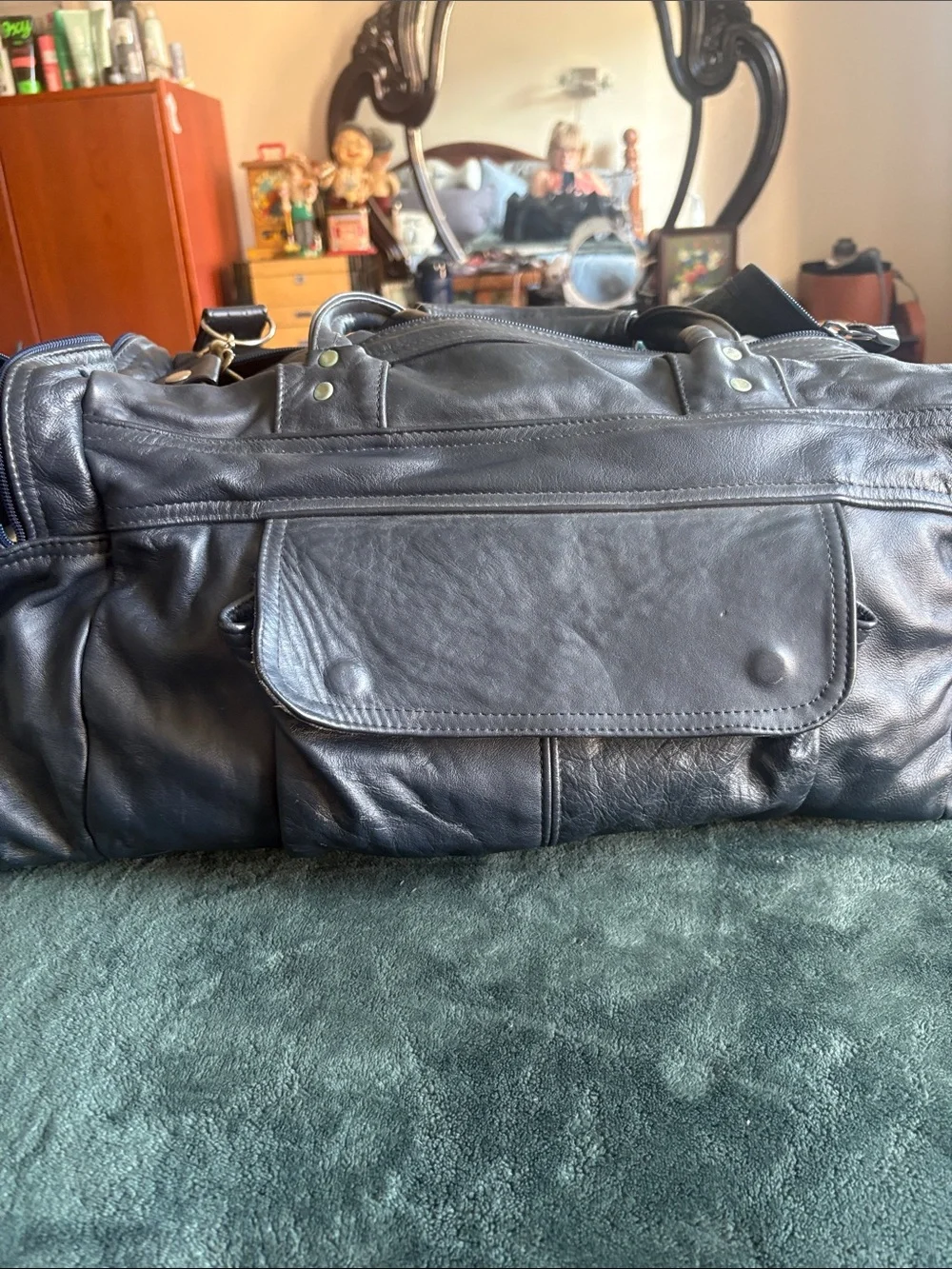 Classic Black Leather Duffel with Adjustable Shoulder Strap